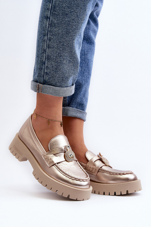 Skórzane Półbuty Mokasyny Z Ozdobą CheBello 4291 Złote