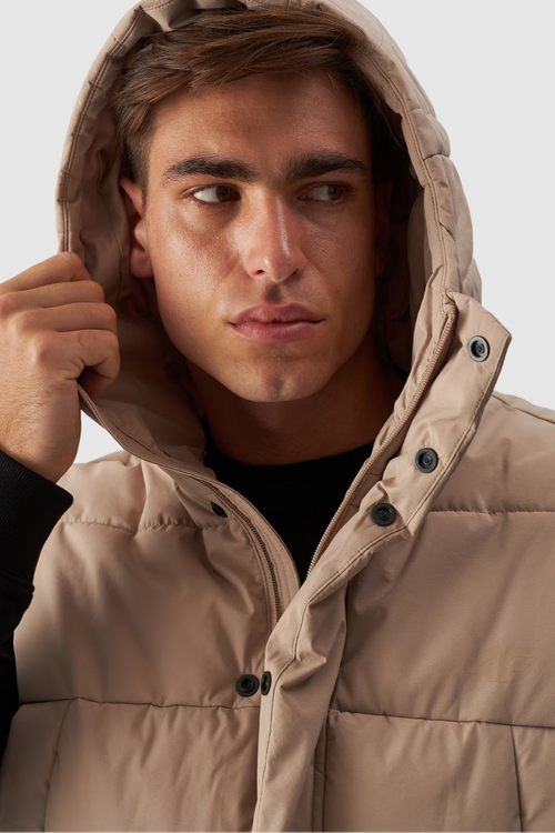 Bezrękawnik Puchowy Męski Z Kapturem 4FWAW24TVJAM144-83S Beżowy