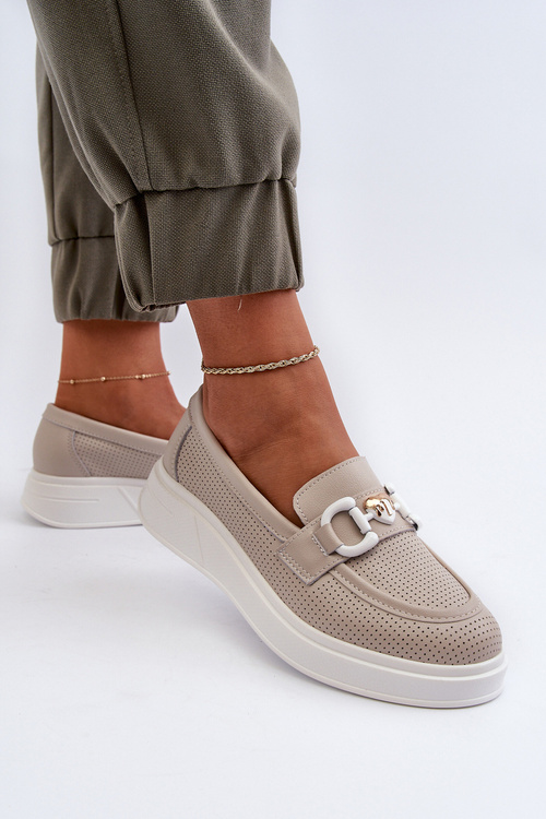 Skórzane Mokasyny Damskie Na Platformie Beżowe S.Barski LR720