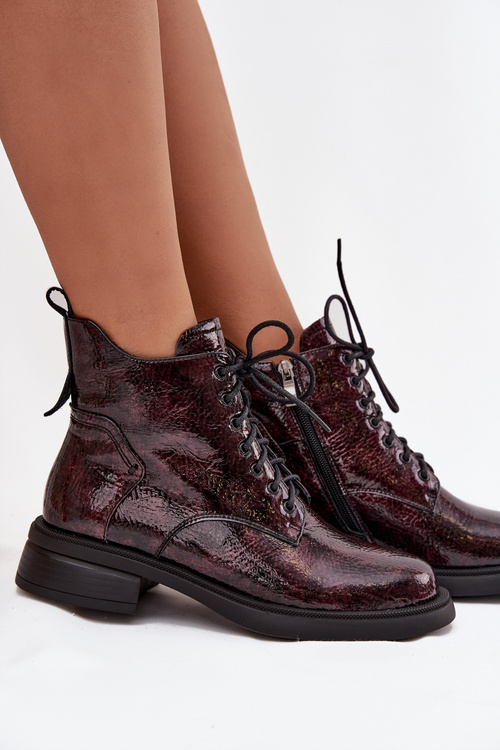 Lakierowane Skórzane Botki Damskie Na Klocku D&A LZ52-954 Bordowe