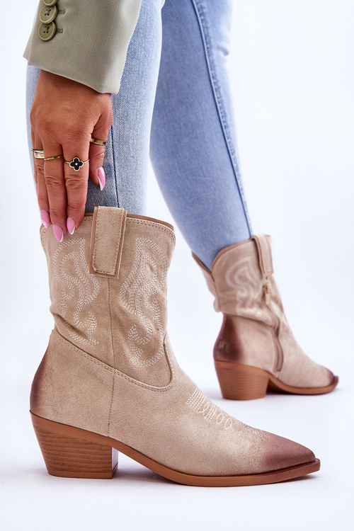 Zamszowe Botki Kowbojki Beżowe Klaira