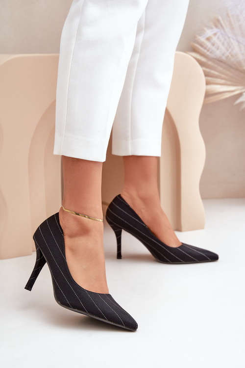 Materiałowe Szpilki Damskie W Paski Czarne Tifidra