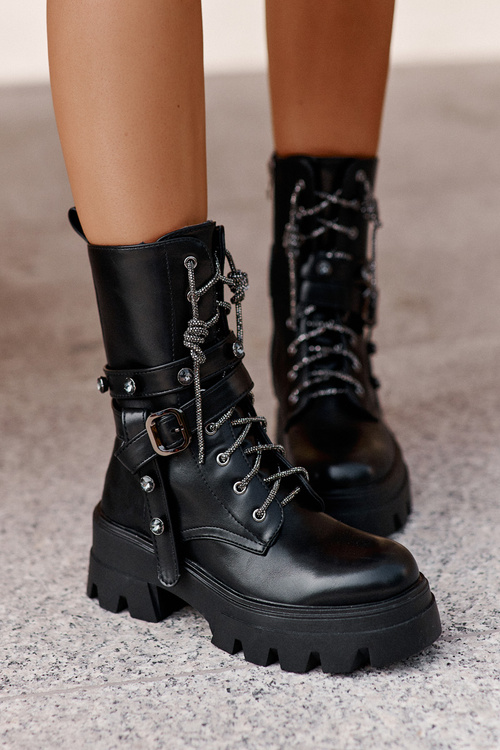 Ocieplane Botki Workery Damskie Z Paskami Czarne Berivana