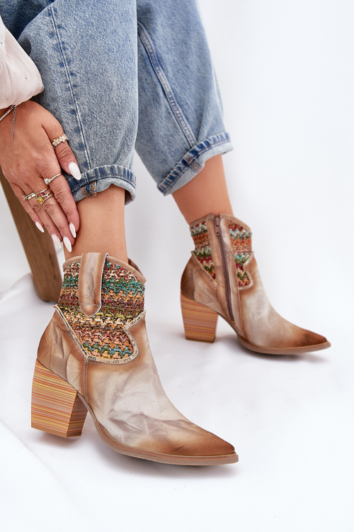 Skórzane Botki Kowbojki Na Słupku Z Ozdobną Plecionką Maciejka 06810-29 Multikolor