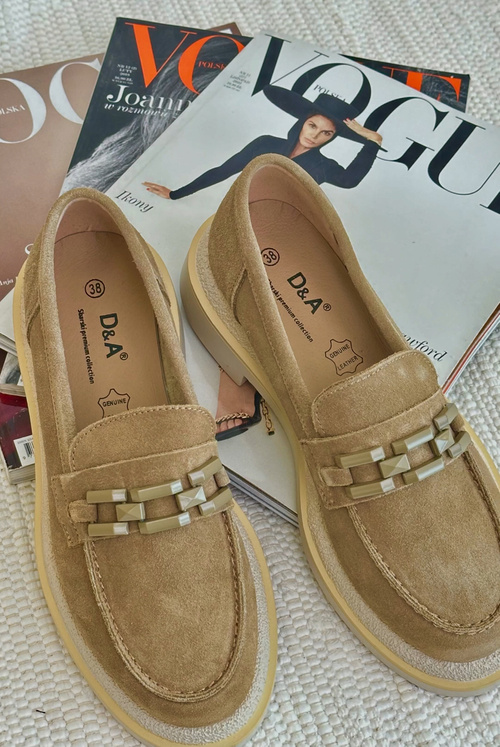 Mokasyny Damskie Zamszowe Na Płaskim Obcasie Z Ozdobą D&A TW101 Brązowe