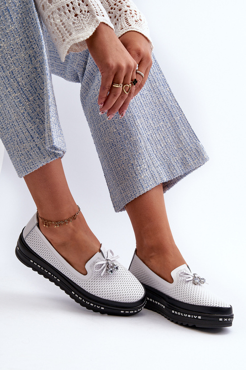 Mokasyny Damskie Skórzane Na Platformie S.Barski LR400 Białe