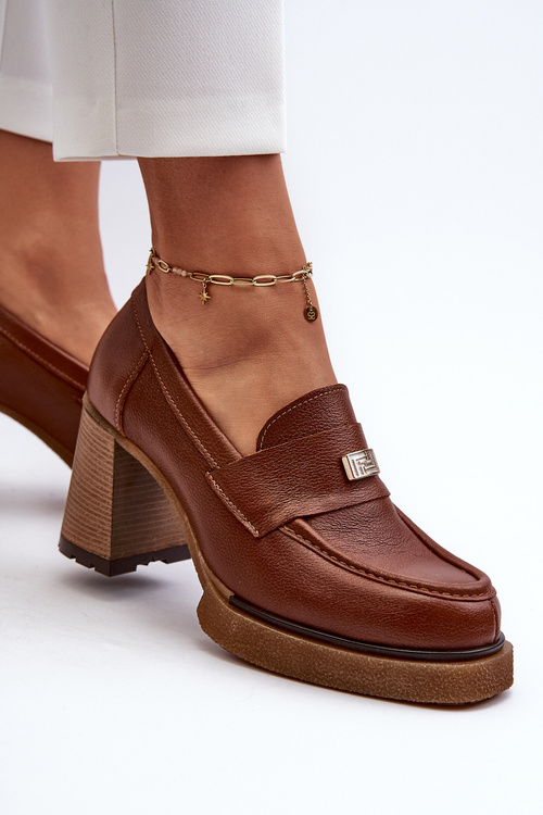 Zazoo 20169 Skórzane Półbuty Na Obcasie Brązowe