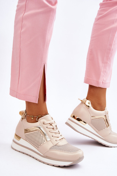 Skórzane Buty Sportowe Na Niewysokim Koturnie Beżowe Braylen