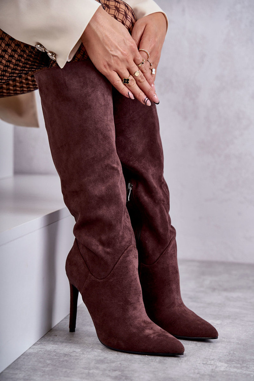 Klasyczne Zamszowe Kozaki Na Szpilce Brązowe Ameya