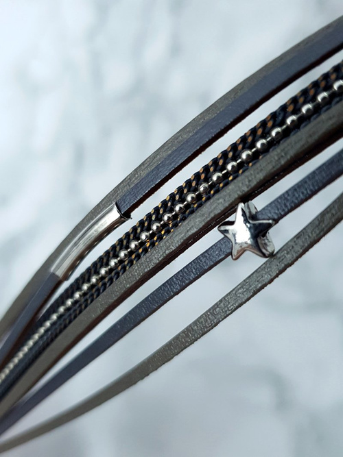 Damska Bransoleta Rzemień Szara Gwiazdka Michiko