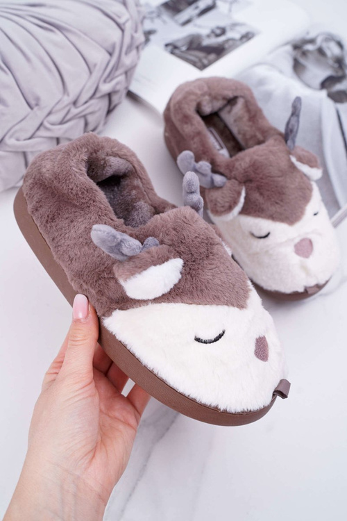 Papcie Damskie Z Futerkiem Renifery Brązowe Reindeer