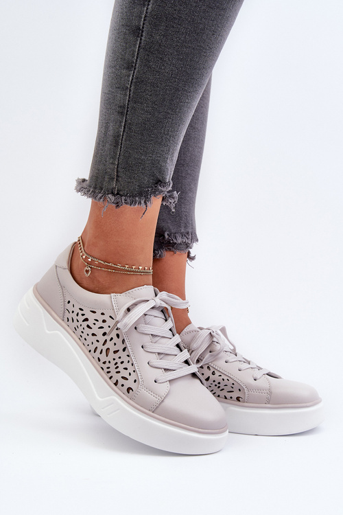 Ażurowe Sneakersy Damskie Na Platformie Skórzane Szare Peilaeno