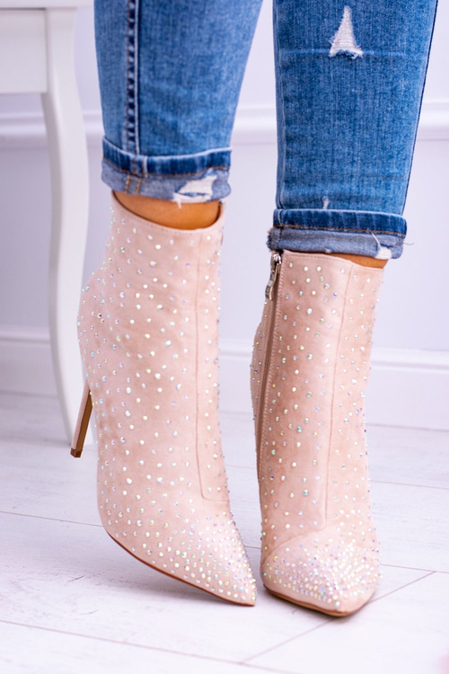 Lu Boo Beżowe Wysokie Zamszowe Botki na Szpilce Cyrkonie Cubano