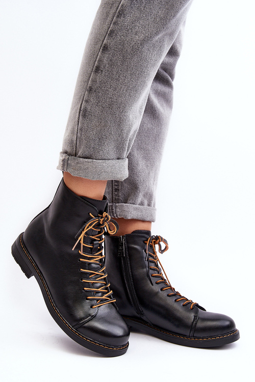 Skórzane Botki Trzewiki Damskie Czarne Ethel