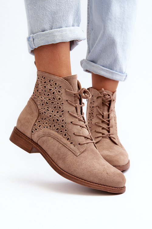 S.Barski HY66-136 Damskie Botki Ze Wzorem Beżowe