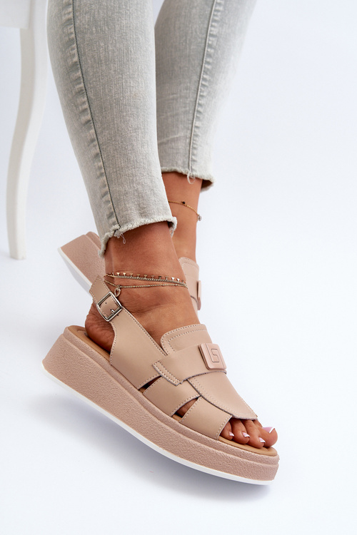 Skórzane Sandały Damskie Na Platformie I Koturnie Ciemnobeżowe Vivitellia