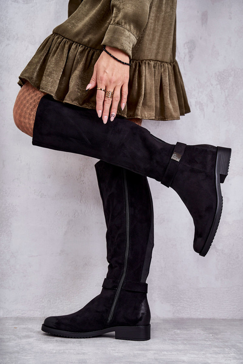 Zamszowe Damskie Kozaki Na Płaskim Obcasie Czarne Henrike