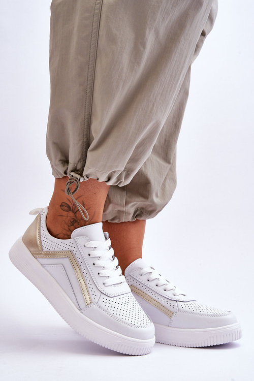 Damskie Skórzane Buty Sportowe Z Perforacją Biało-Złote Carvalo