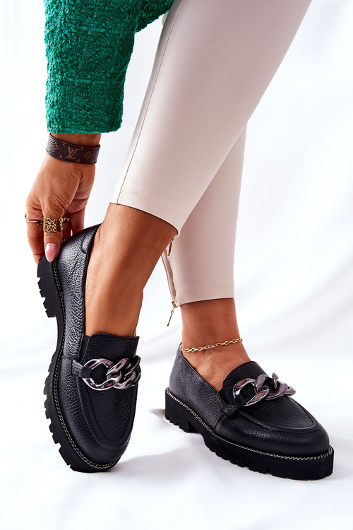 Damskie Półbuty Skórzane Loafery Czarne Sthonto