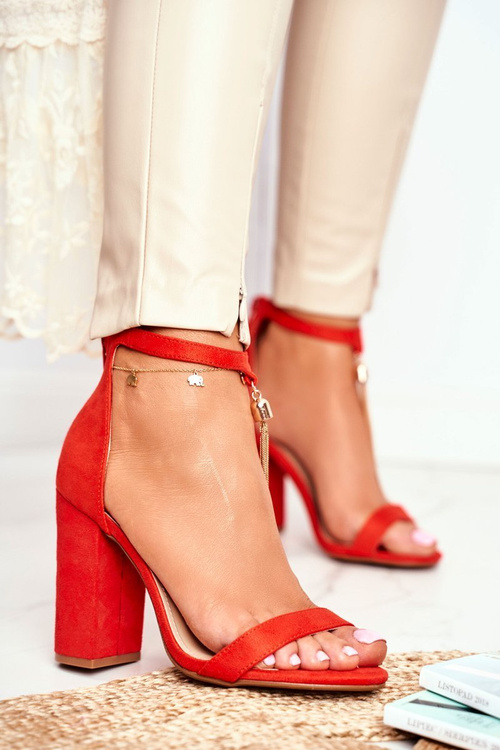 Pomarańczowe Zamszowe Sandałki na Słupku z Frędzlem Annick