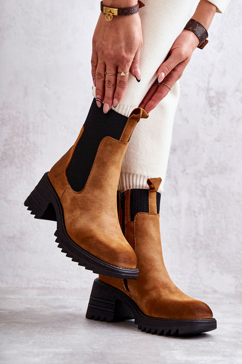 Damskie Ocieplane Botki Na Obcasie Camel Abella