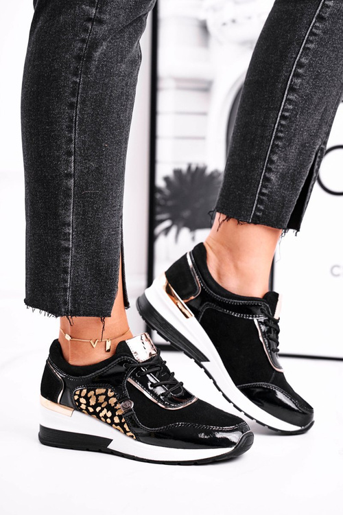 Sportowe Damskie Buty Sneakersy Skórzane Czarne 21-7778