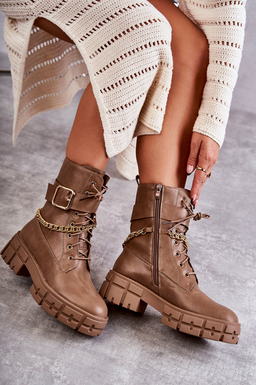 Modne Workery Botki Z Łańcuchem Brązowe Solesso