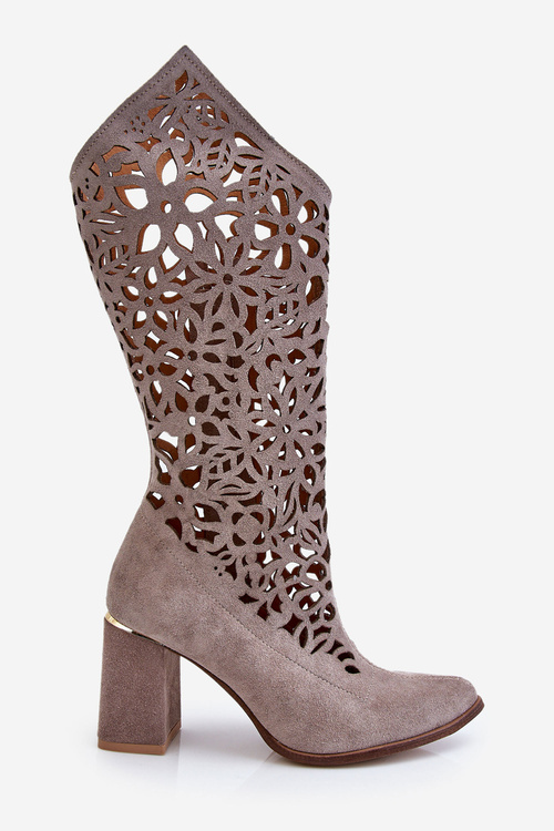 saori Zamszowe Ażurowe Kozaki Lewski Shoes 3234 Cappuccino