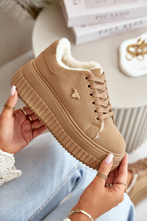 Sneakersy Damskie Ocieplane Na Masywnej Podeszwie Ze Złotym Detalem Brązowe Lotira