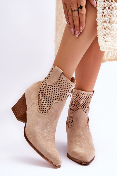 Damskie Zamszowe Kowbojki Botki Na Słupku Beżowe Norvella