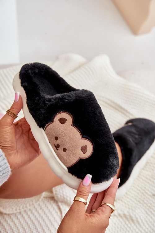 Futrzane Kapcie Damskie Misie Czarne Firedi