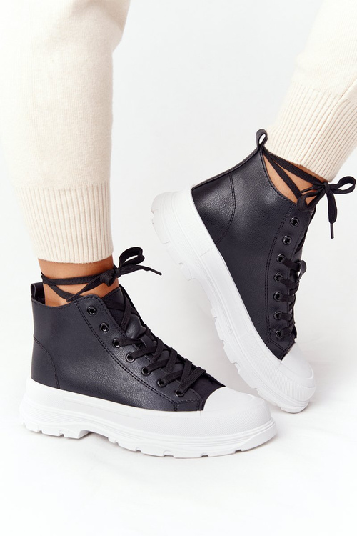 Damskie Skórzane Trampki Na Dużej Podeszwie Czarne Trissy