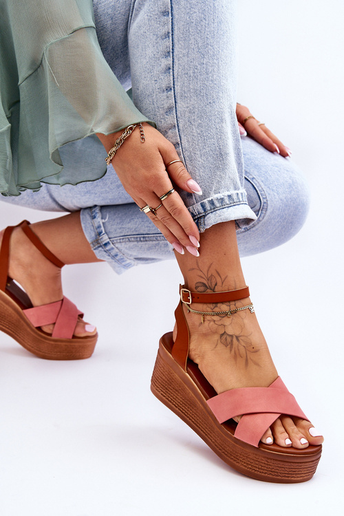 Damskie Wygodne Sandały Na Koturnie Brązowo-Różowe Laurie