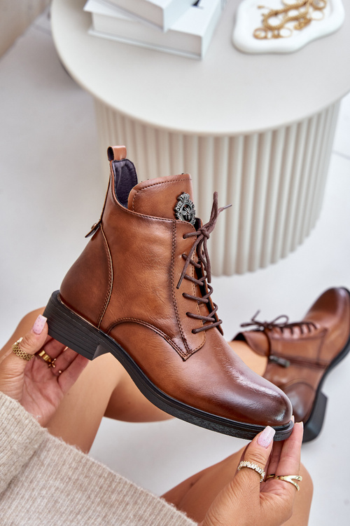 Ocieplane Botki Na Płaskim Obcasie Z Ozdobą Camel Leonise