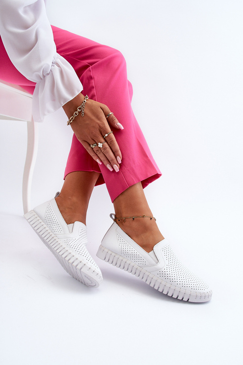 Damskie Ażurowe Półbuty Skórzane Wsuwane Białe Theophia