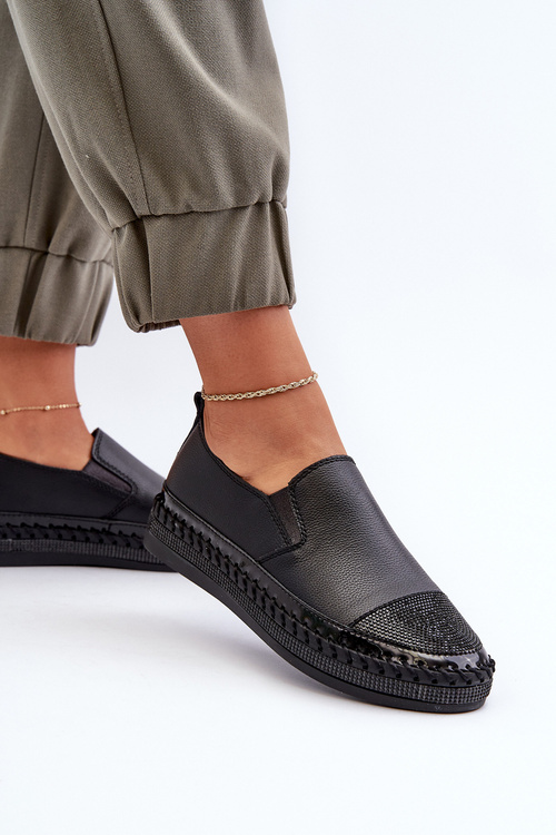 Skórzane Półbuty Damskie Na Platformie Czarne D&A LR370