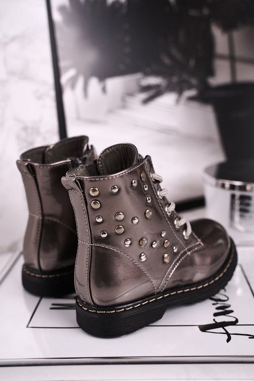 Dziecięce Ocieplane Botki z Dżetami Lakierowane Szare Fame