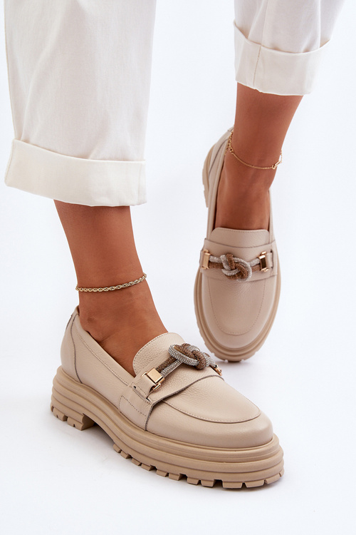 Skórzane Mokasyny Damskie Z Ozdobą Laura Messi 2780 Beżowe