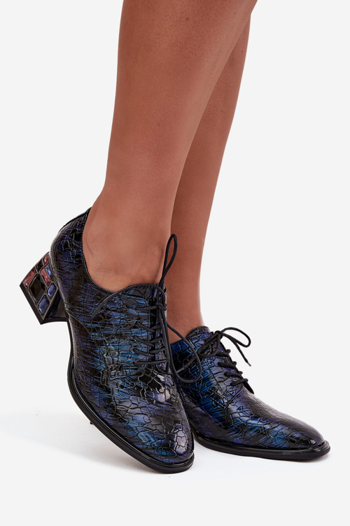 Skórzane Lakierowane Półbuty Damskie Na Obcasie Z Kryształkami Artiker 55C0428 Granatowe