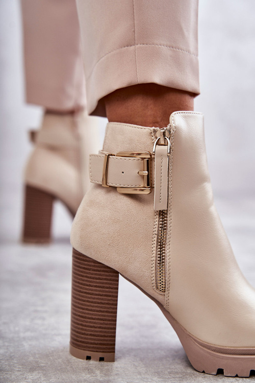 Skórzane Botki Na Obcasie Z Ozdobnym Zamkiem Beżowe Rosita