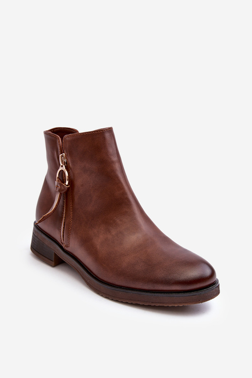 Skórzane Damskie Botki Płaskie Brązowe Vasica