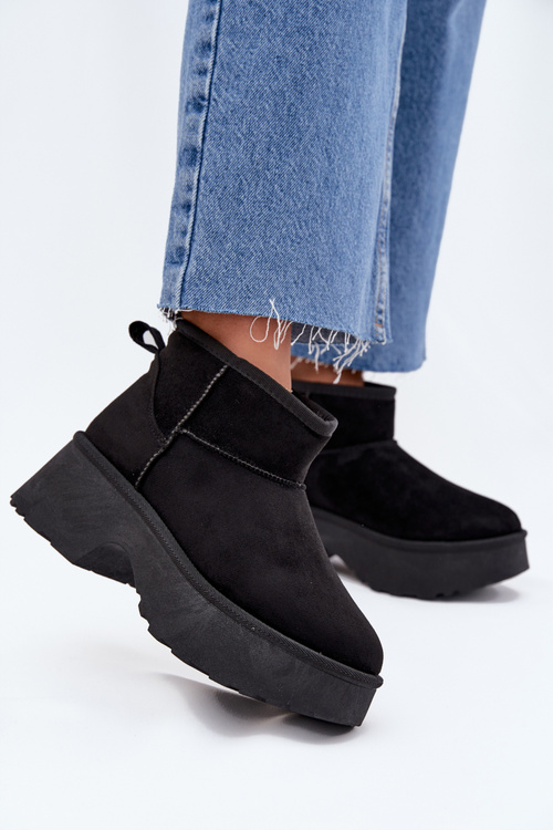 Śniegowce Damskie Niskie Wsuwane Ocieplane Futerkiem Czarne Mavelle