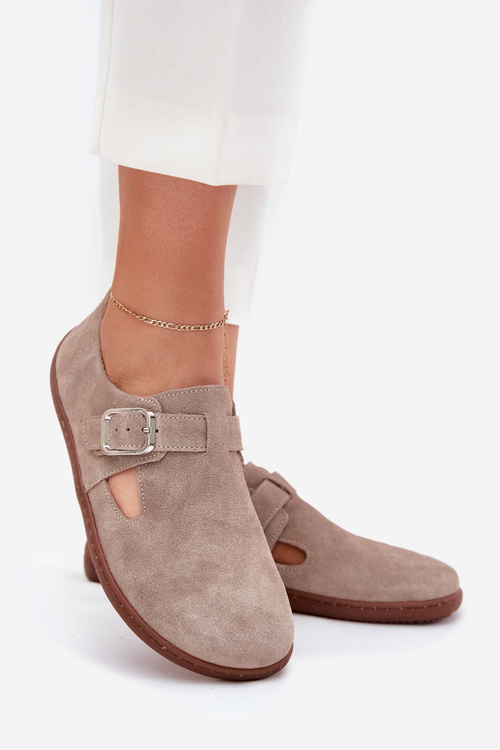 Zamszowe Półbuty Barefoot Damskie Z Klamrą Zazoo N1261 Beżowe