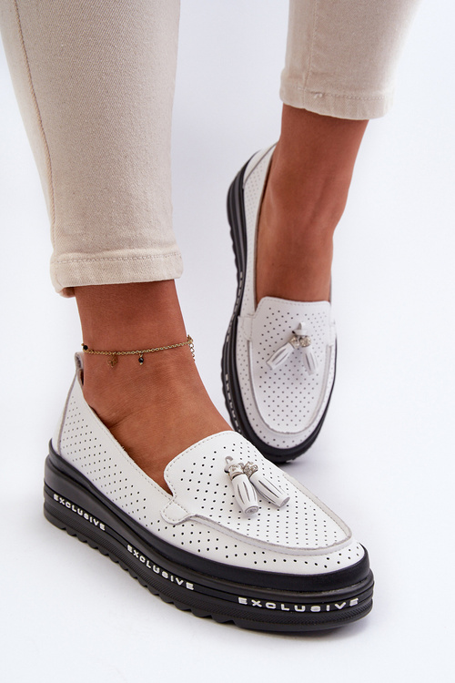 Skórzane Mokasyny Damskie Na Platformie Białe Assetnima