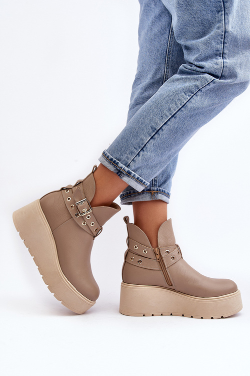 Skórzane Botki Damskie Na Koturnie Platformie Z Paskami Zazoo 1752 Beżowe