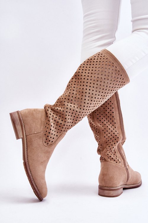 Damskie Zamszowe Ażurowe Kozaki Przed Kolano Beżowe Savannah