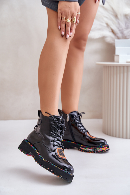 Lakierowane Botki Trapery Damskie Na Zamek Skórzane Artiker 55C0517 Czarne