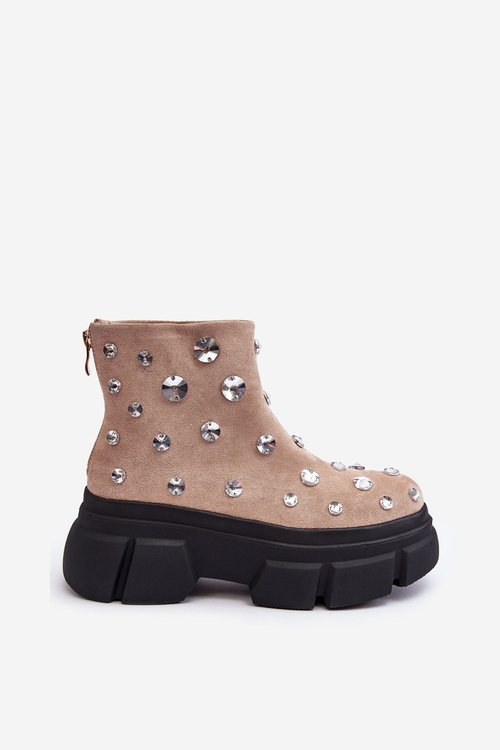 Zamszowe Ocieplane Botki Z Kryształkami D&A MR870-83 Beżowe