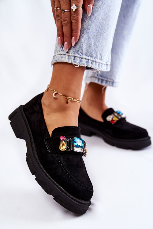 Damskie Zamszowe Półbuty Loafery Z Ozdobą Czarne Karlott