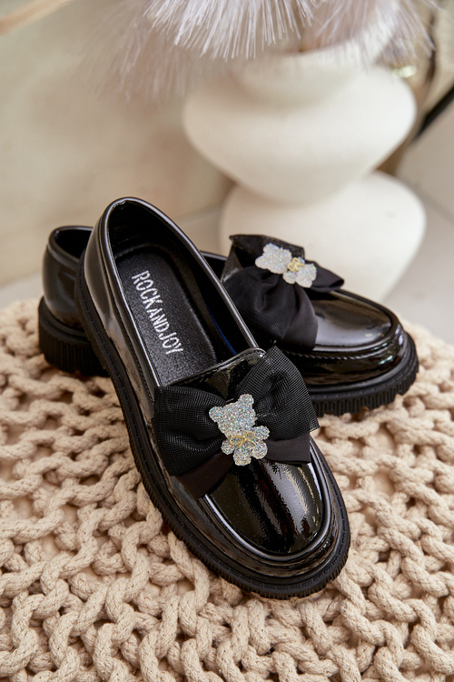 Lakierowane Mokasyny Dziewczęce Z Kokardą Eko Skórzane Czarne Avallesa